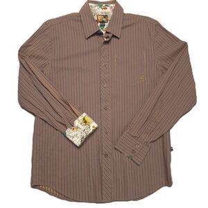 Volcom Mens M Shirt Brown Striped Button Down Long Sleeve Contrast Cuffs Collar